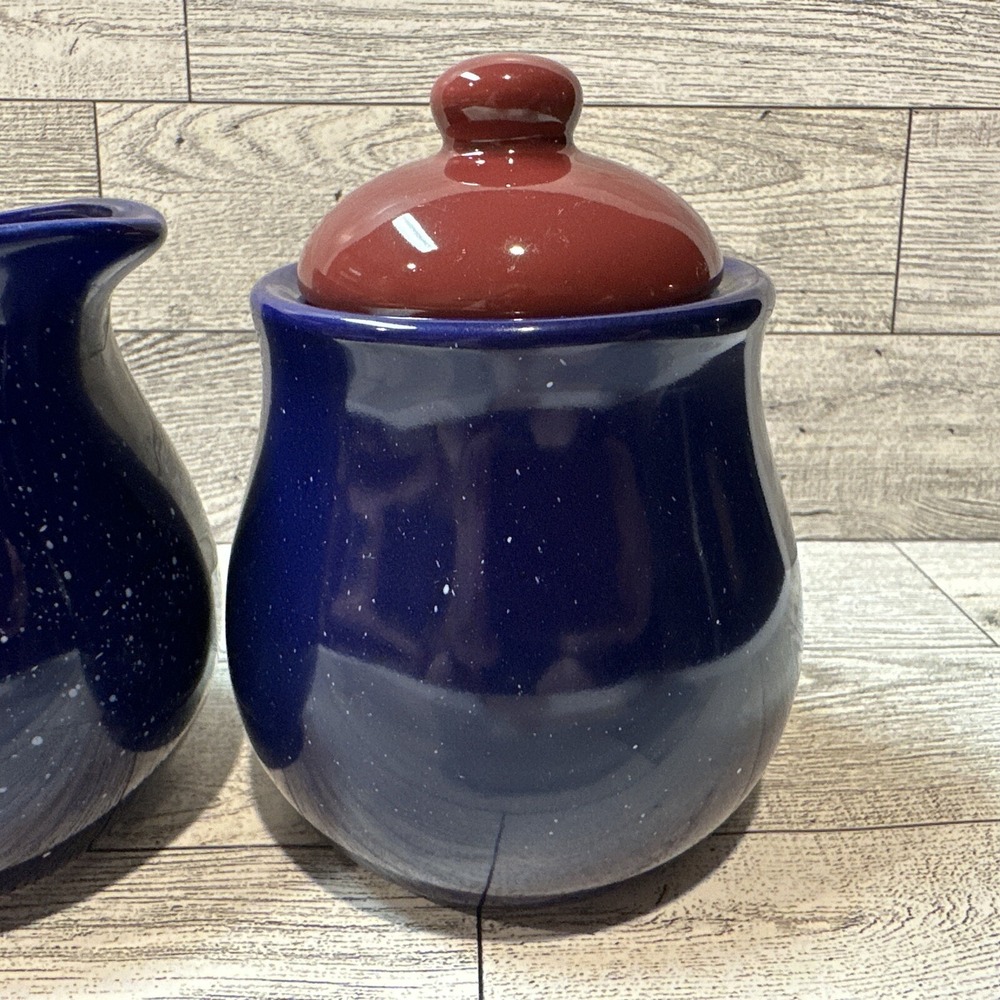 Ceramic Cobalt Blue Cream & Sugar‎ Set w/ Maroon Lid & White Speckles - Picture 3 of 6